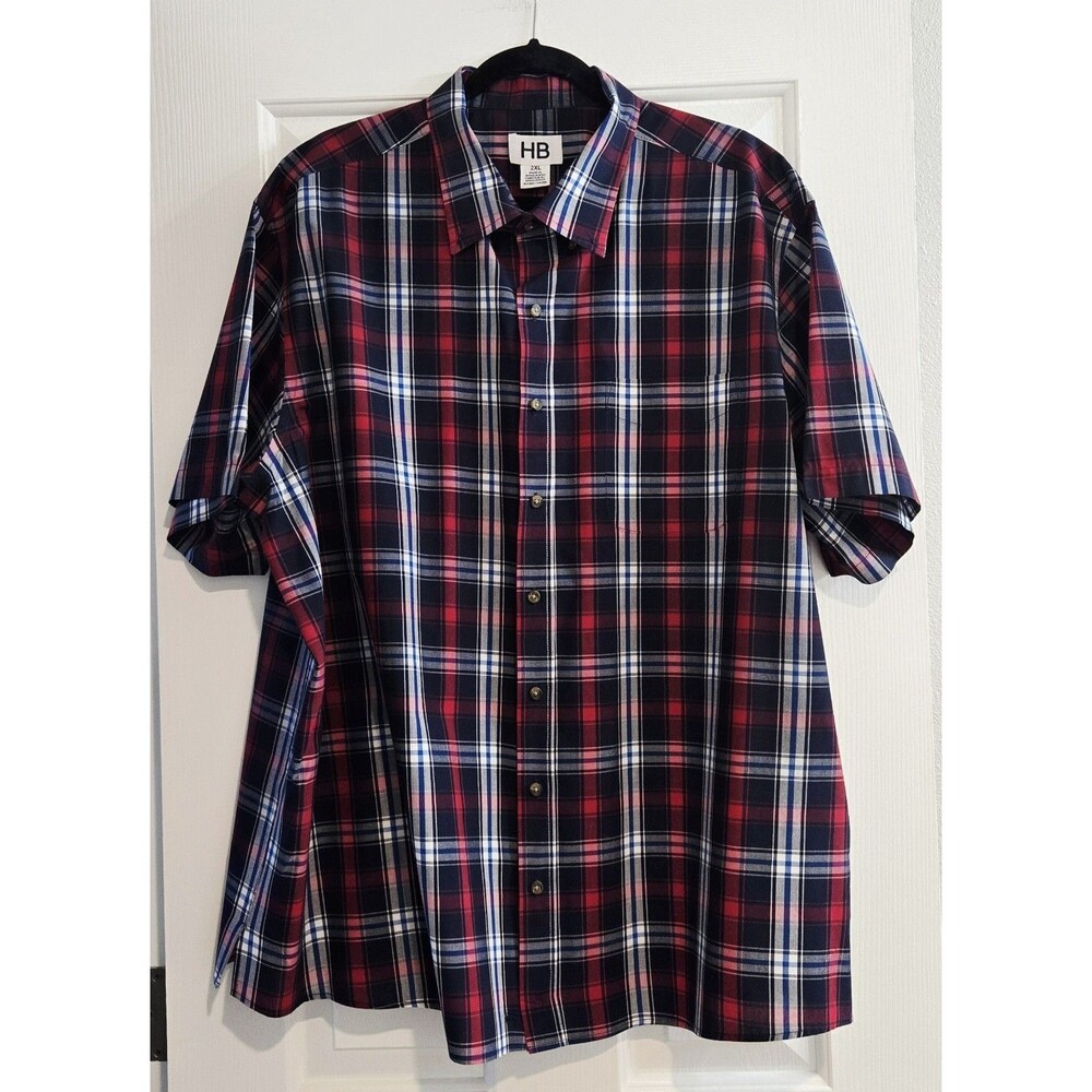HB Harbor Bay 2XL Plaid Shirt Short Sleeve Button Down Blue Red White Excellent